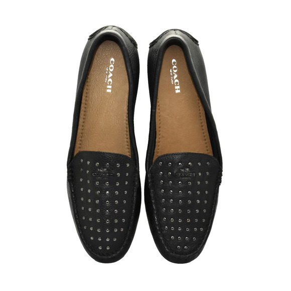 C5 NWOB COACH Orlene Black Gun Metal Studded Logo Driving Loafer Shoes Size 8.5B - Picture 1 of 7
